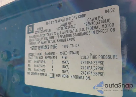 2002 GMC Sonoma Sls from USA, damaged, VIN 1GTDT13W52K211958